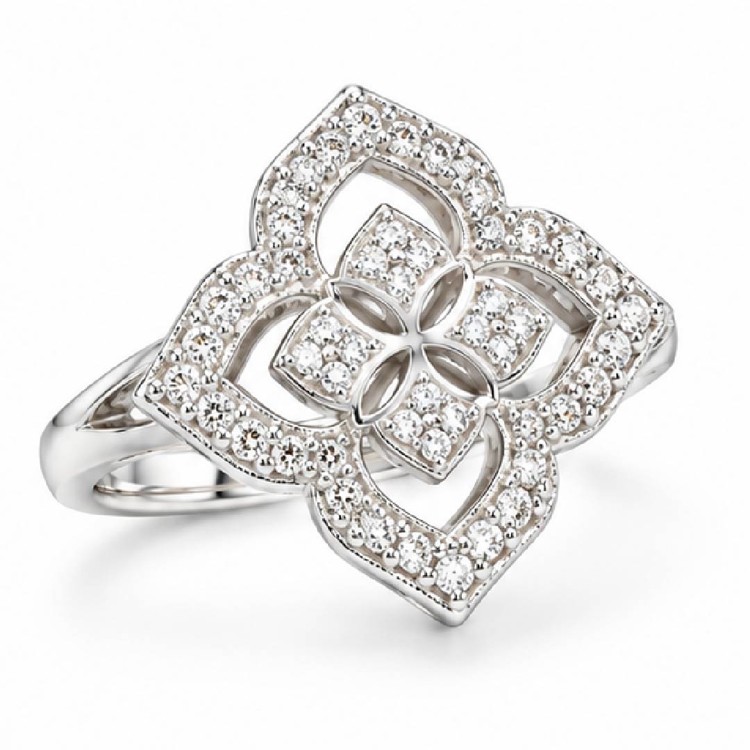 9ct White Gold Moroccan Floral Quatrefoil Diamond Ring 0.15 TDW