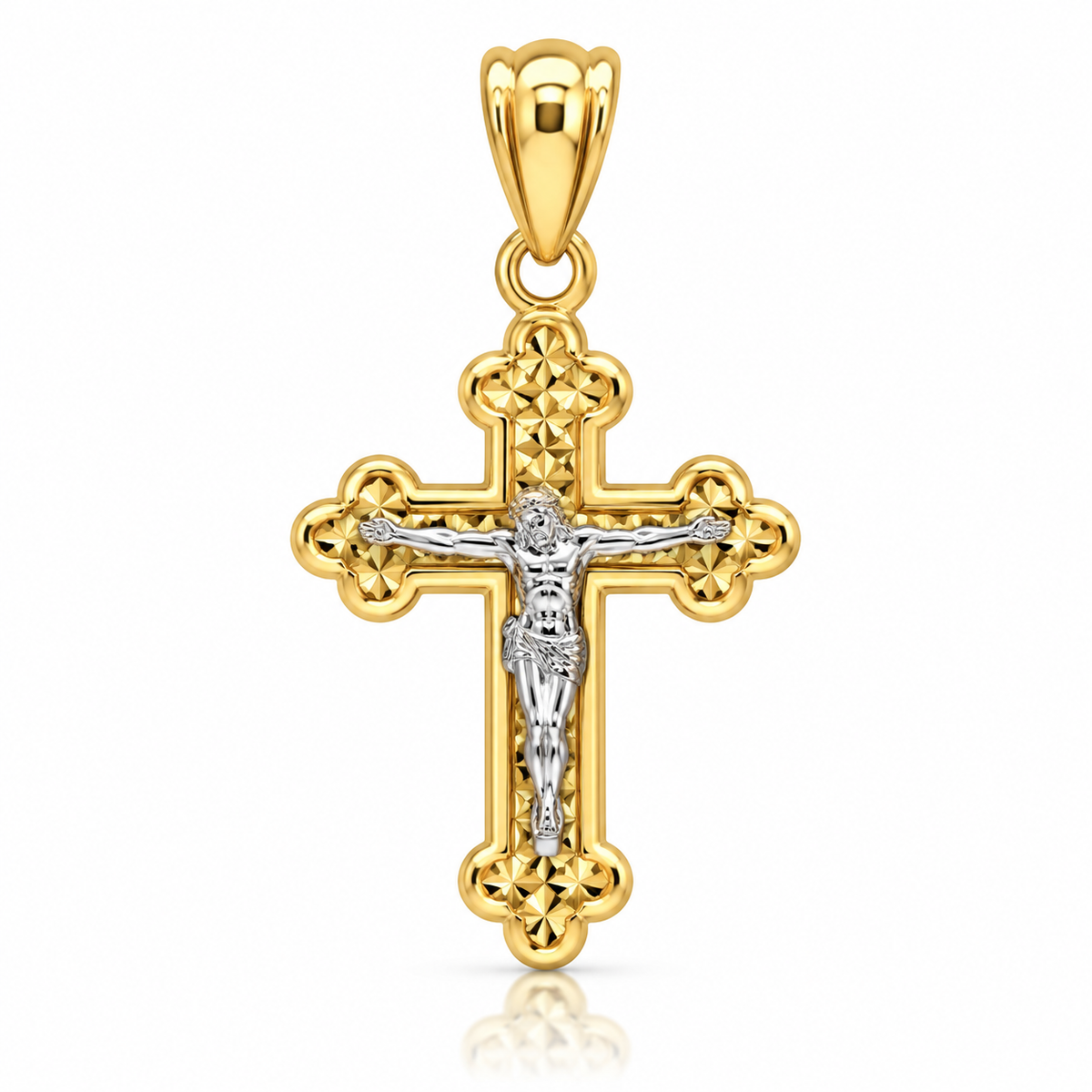 9ct Two-Tone Gold Textured Diamond-Cut Crucifix Pendant