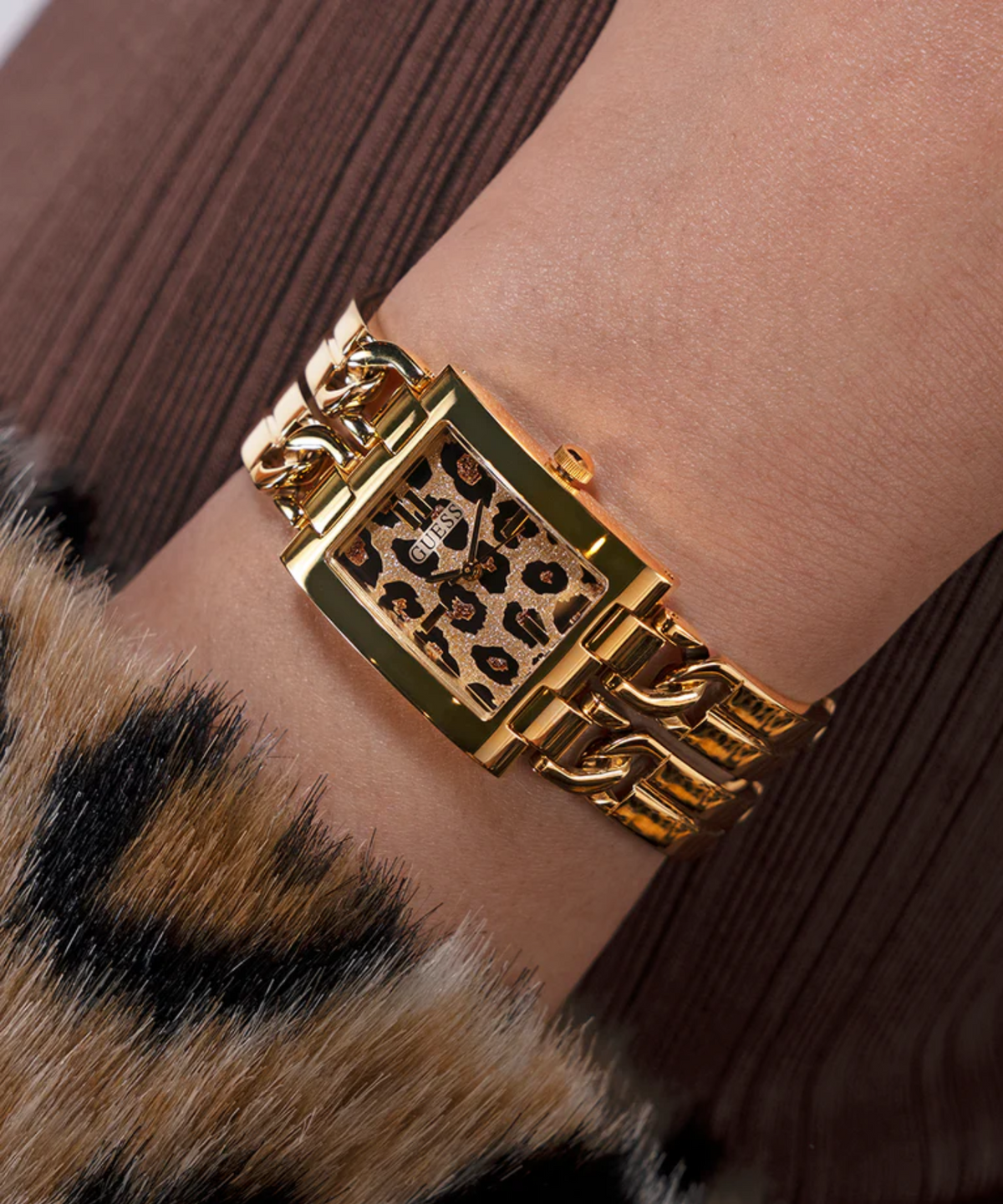 GW0807L2 GUESS Leopard Ladies Gold Tone Analog Watch 40th Anniversary Iconic Animal