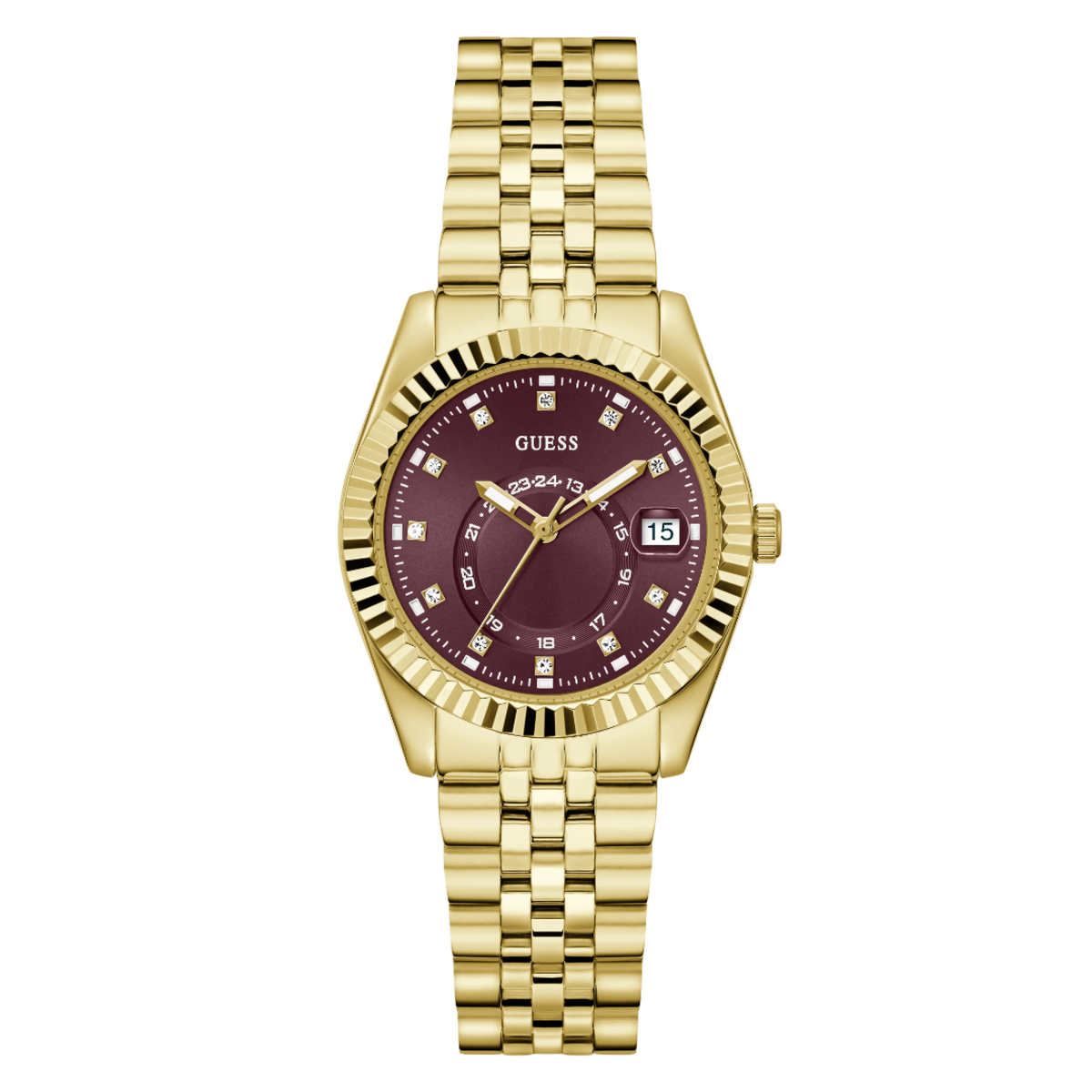 GW0936L2 GUESS Burgundy Sunray Ladies Gold-Tone Analogue Watch