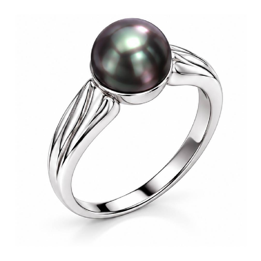 925 Sterling Silver Natural Black Pearl Solitaire Ribbed Ring