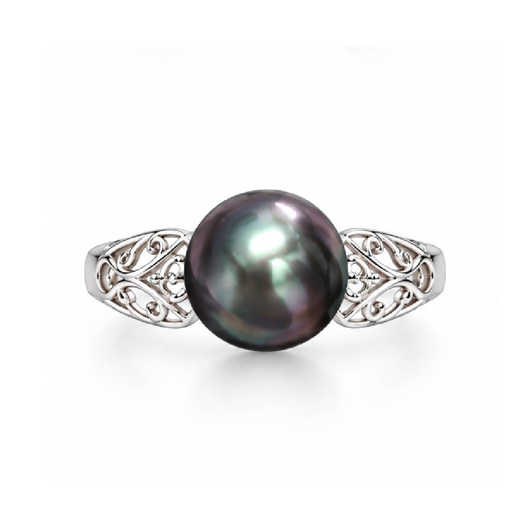 925 Sterling Silver Natural Black Pearl Solitaire Filigree Ring