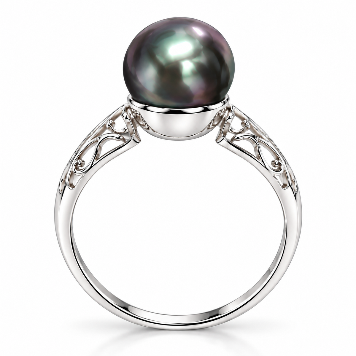 925 Sterling Silver Natural Black Pearl Solitaire Filigree Ring