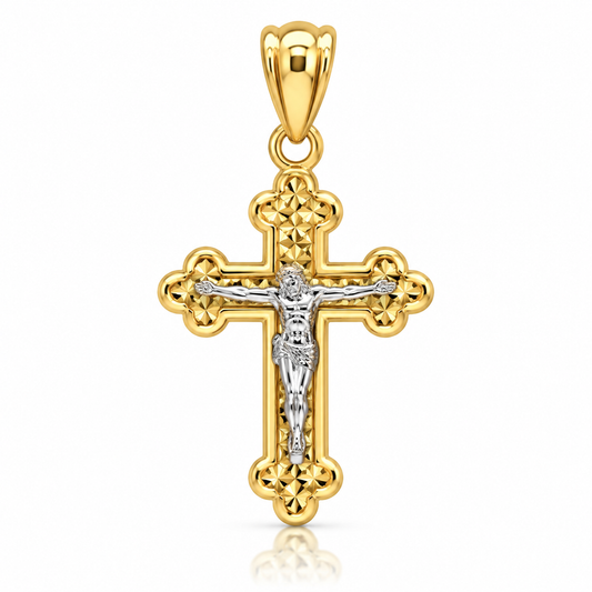 9ct Two-Tone Gold Textured Diamond-Cut Crucifix Pendant