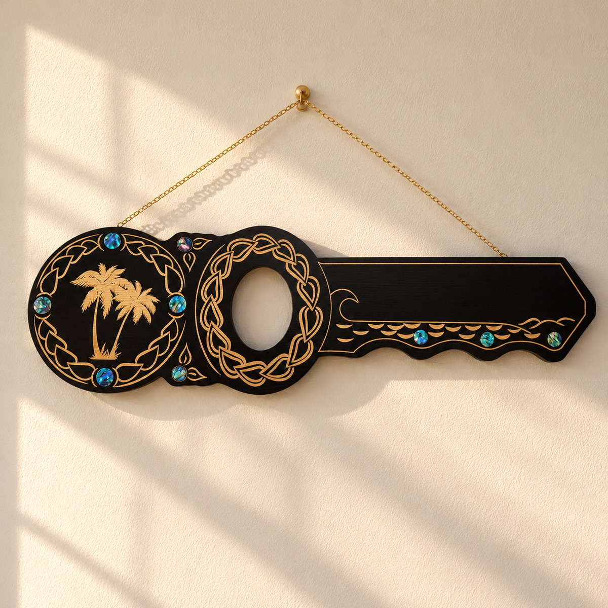 21st Double Palm Tree Design Key with Laser Engraved Patterns &  Round Paua Shell Inlays
