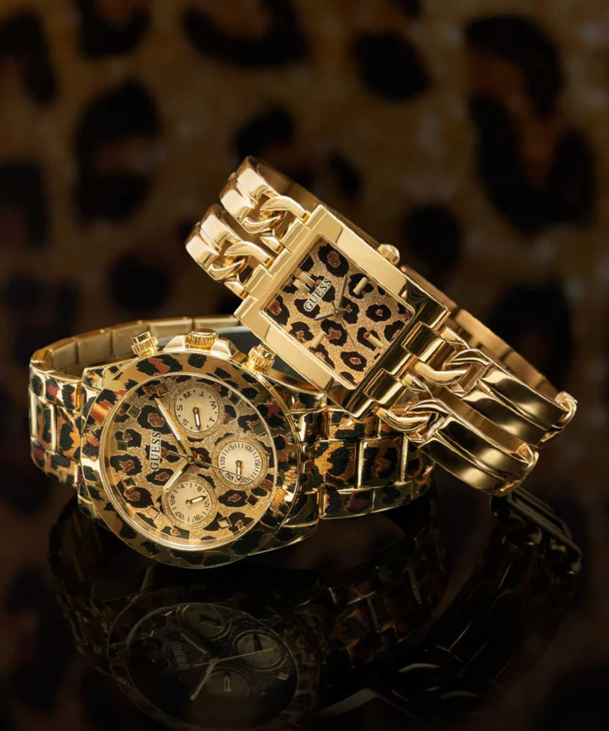 GW0807L2 GUESS Leopard Ladies Gold Tone Analog Watch 40th Anniversary Iconic Animal
