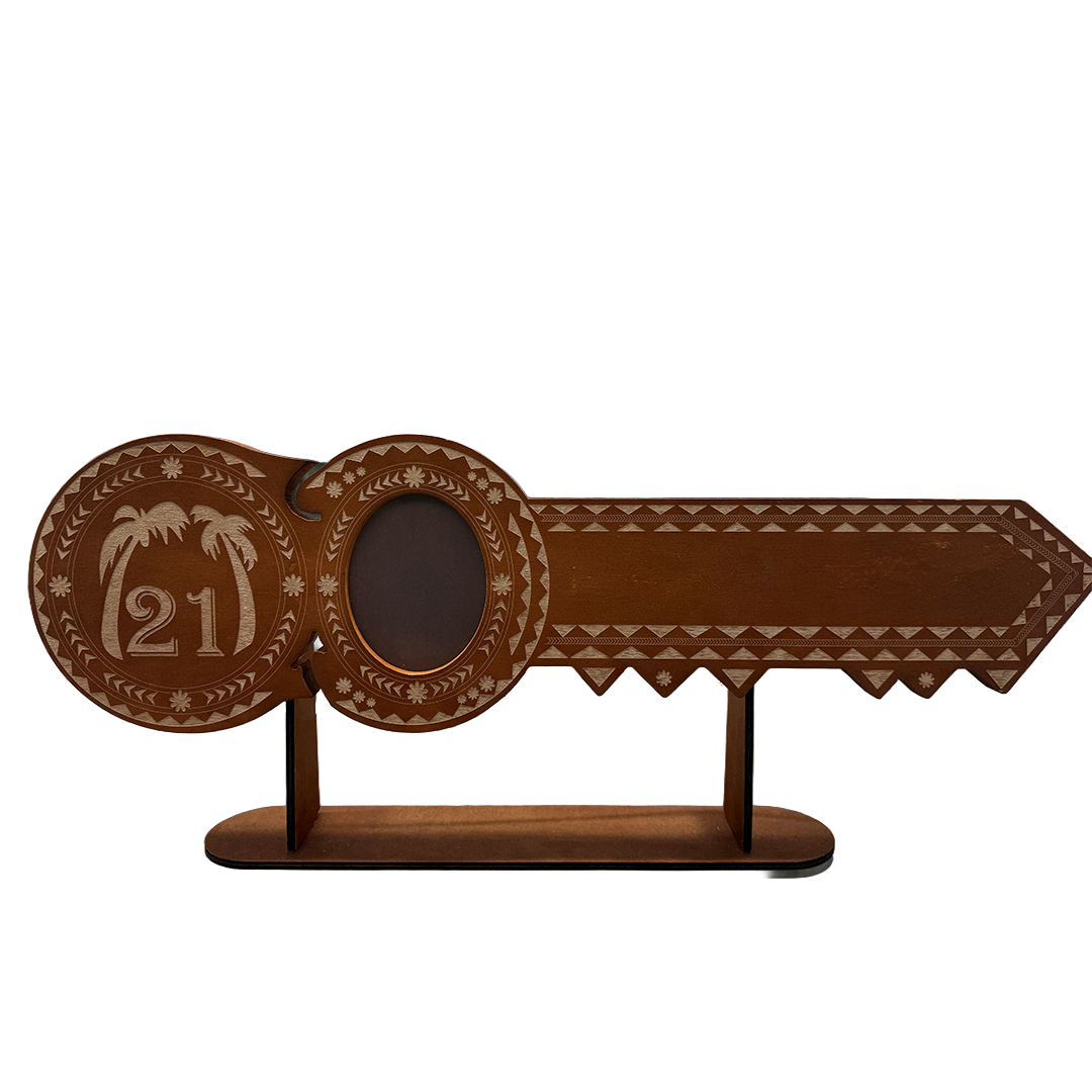 21st Island Design Key with Palm Tree Design, Laser Engraved Patterns & Display Stand