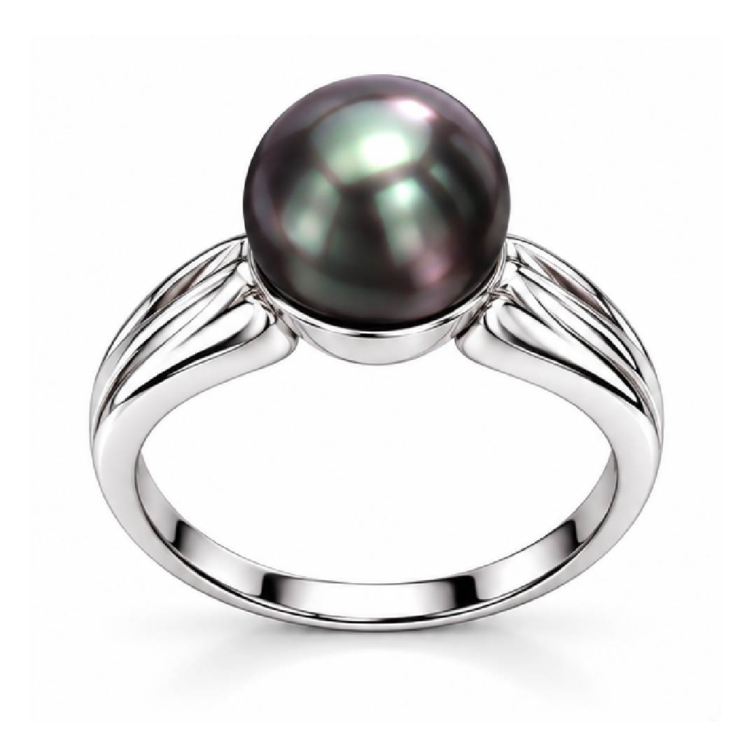 925 Sterling Silver Natural Black Pearl Solitaire Ribbed Ring