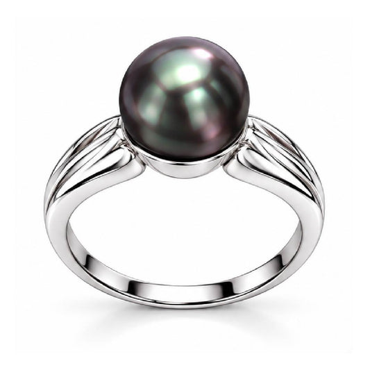 925 Sterling Silver Natural Black Pearl Solitaire Ribbed Ring