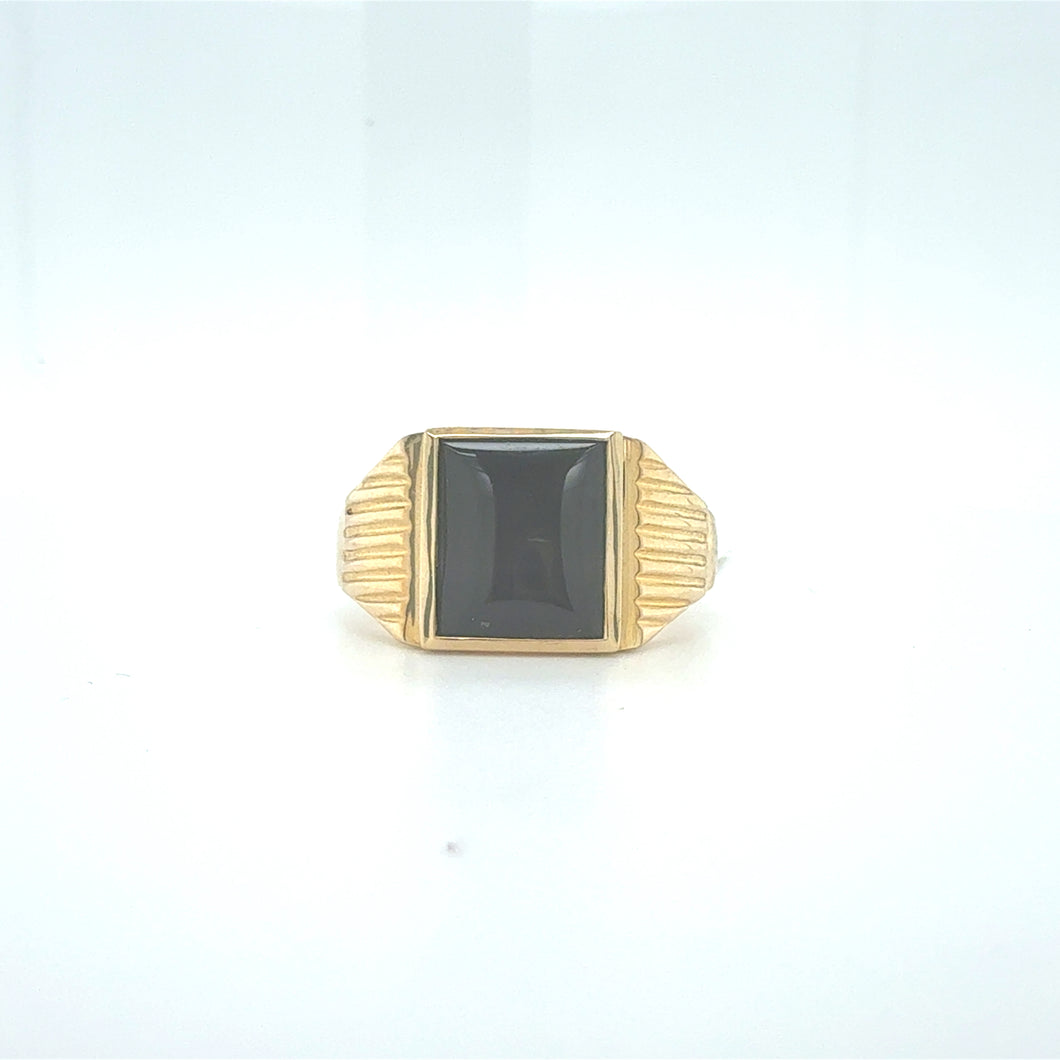 9ct Gold Rectangular Black Onyx Signet Ring with Fluted Shoulders