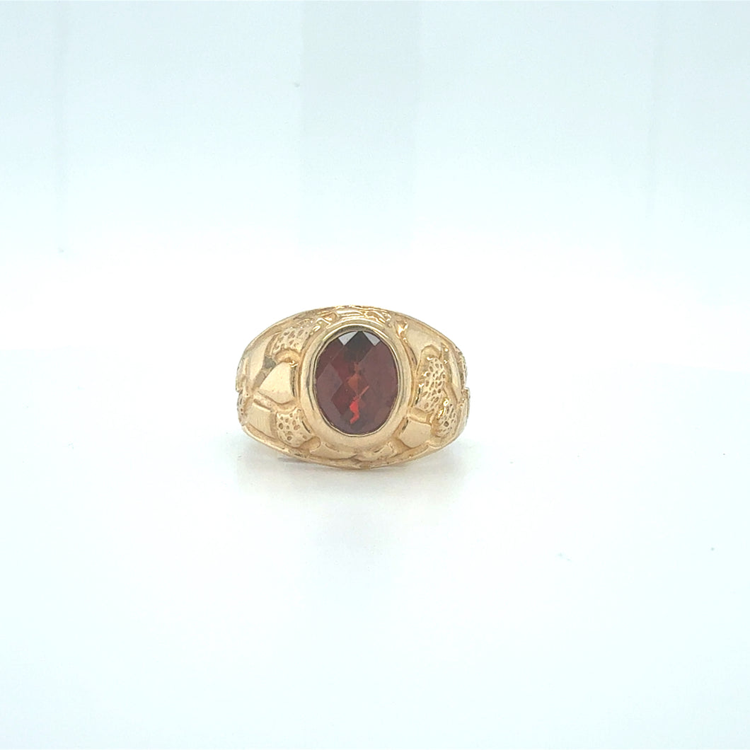Vintage Style Oval Natural Garnet Ring with Textured Gold Band