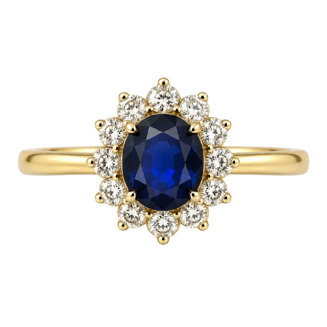 9ct Yellow Gold Natural Sapphire Halo Diamond Ring