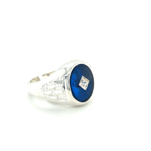 Load image into Gallery viewer, Broadway Jewellers Sterling Silver 12x10mm oval synthetic blue spinel gents ring with CZ
