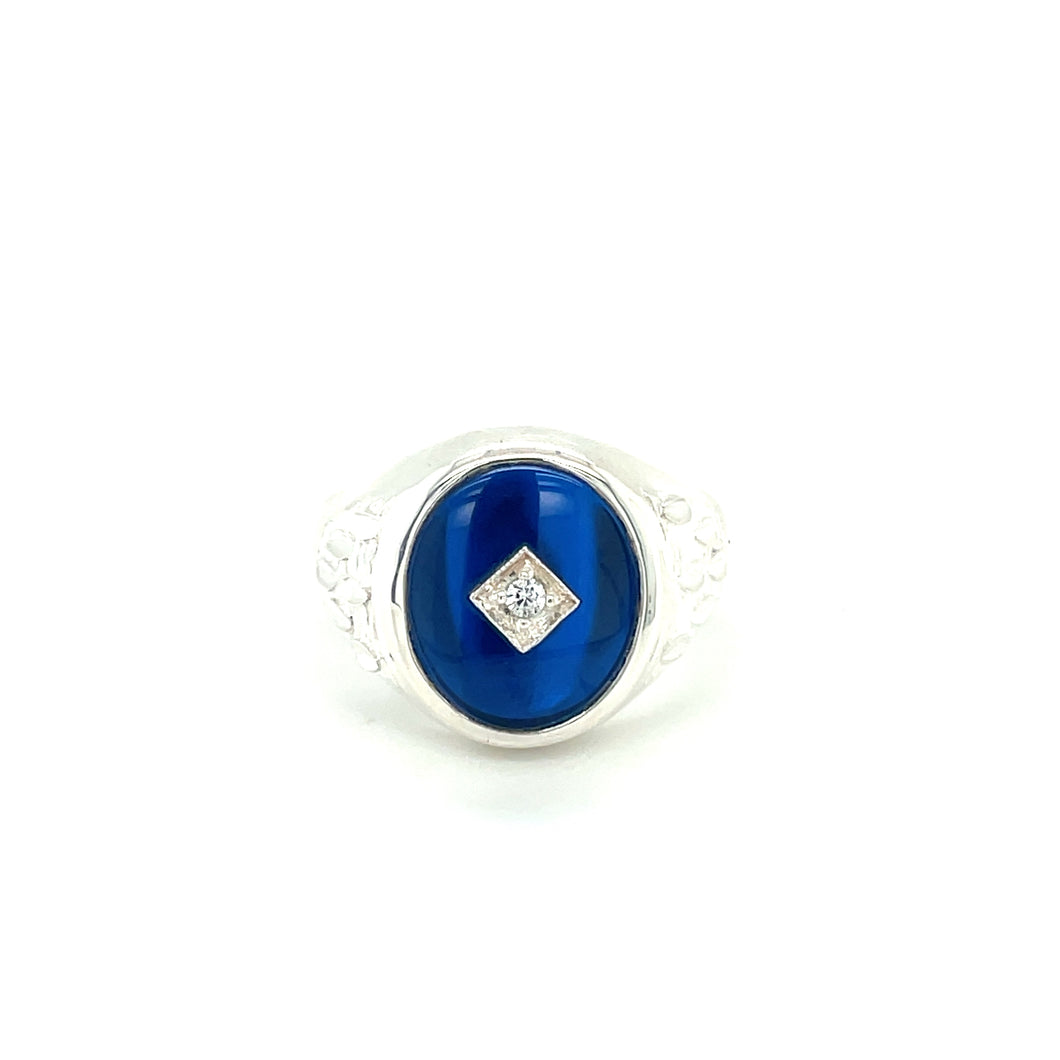 Broadway Jewellers Sterling Silver 12x10mm oval synthetic blue spinel gents ring with CZ