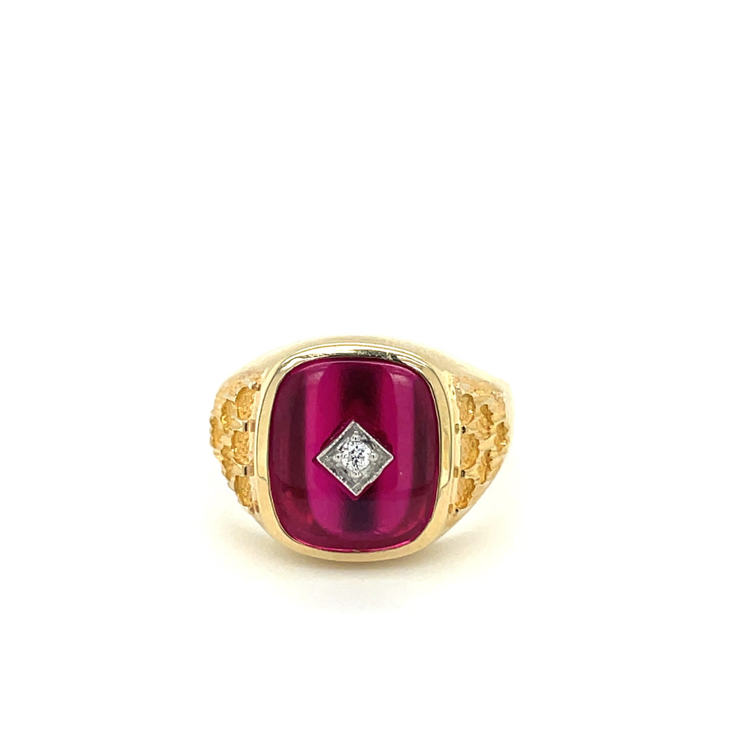 Broadway Jewellers 9ct Yellow Gold 14x12mm cushion synthetic ruby gents ring center set with  4pt diamond