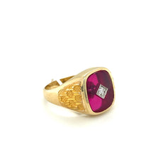 Load image into Gallery viewer, Broadway Jewellers 9ct Yellow Gold 14x12mm cushion synthetic ruby gents ring center set with  4pt diamond
