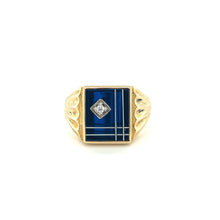 Load image into Gallery viewer, Broadway Jewellers 9ct Yellow Gold rectangle synthetic blue spinel gents ring with mother of pearl stripes, corner set with cubic zirconia
