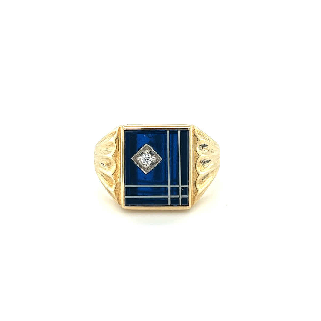 Broadway Jewellers 9ct Yellow Gold rectangle synthetic blue spinel gents ring with mother of pearl stripes, corner set with cubic zirconia