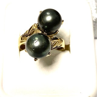 9ct. Gold Twin Black Pearl Ring